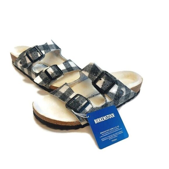Birkenstock Arizona Rivet Fur Lined Wool Sandals Womens Size 5 Plaid White EU 36 - Picture 4 of 10